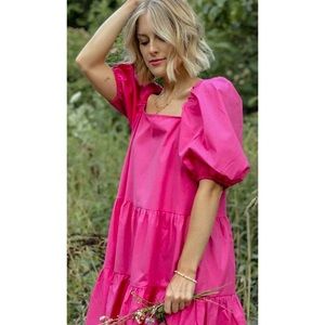 H&M Pink Summer Cotton Dress with Puff Sleeves